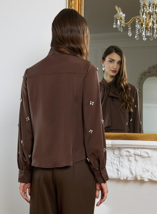 Styli Women Coffee Brown Embellished Blouse - Image 4